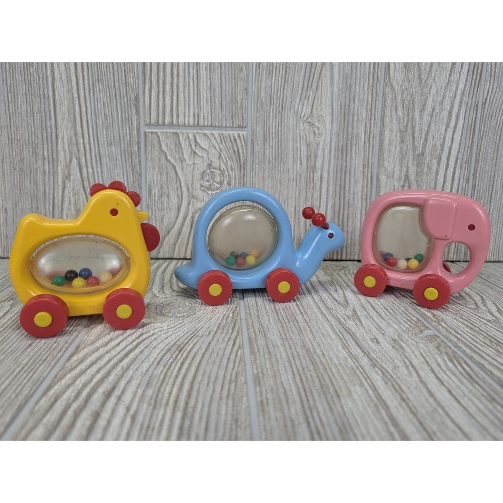 Vintage Baby Toys Push Along Spinner Rattle Wheels Snail Elephant‎ Chicken 80s